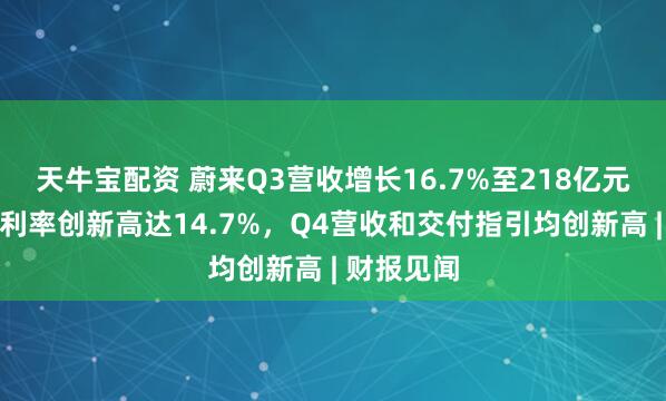 天牛宝配资 蔚来Q3营收增长16.7%至218亿元，车辆毛利率创新高达14.7%，Q4营收和交付指引均创新高 | 财报见闻